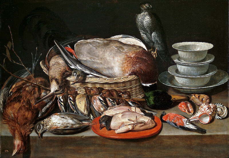Still Life with Sparrow Hawk, Fowl, Porcelain and Shells scale comparison