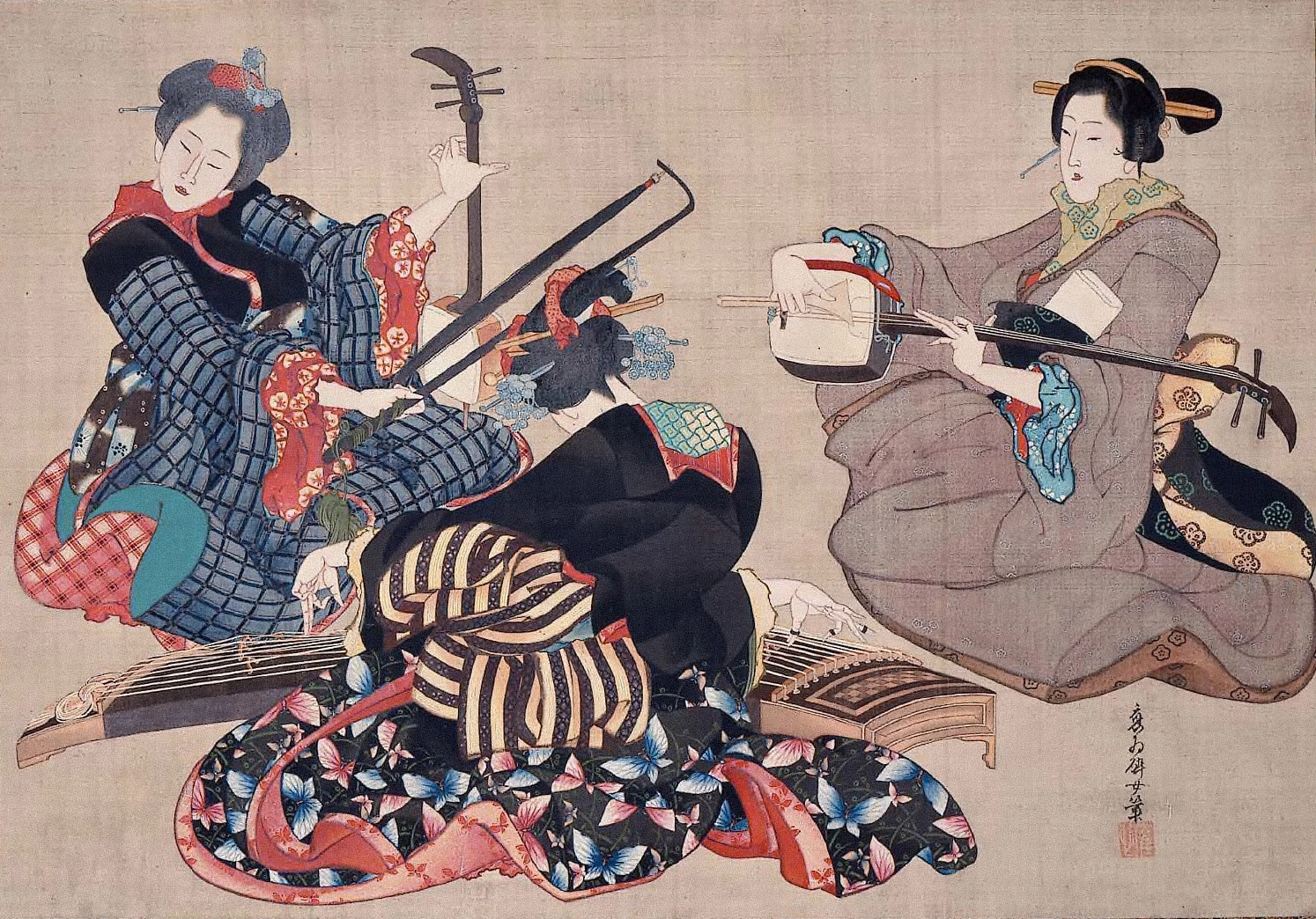 Three Women Playing Musical Instruments, Katsushika Ōi