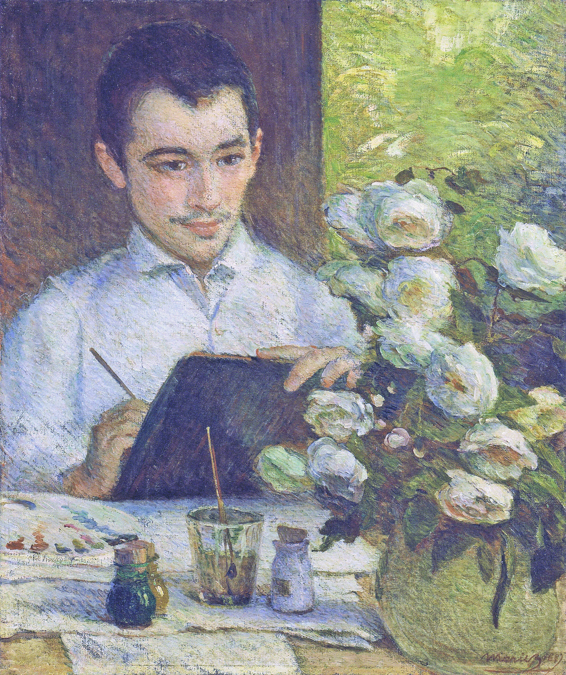 Pierre Bracquemond painting a bouquet of flowers, Marie Bracquemond