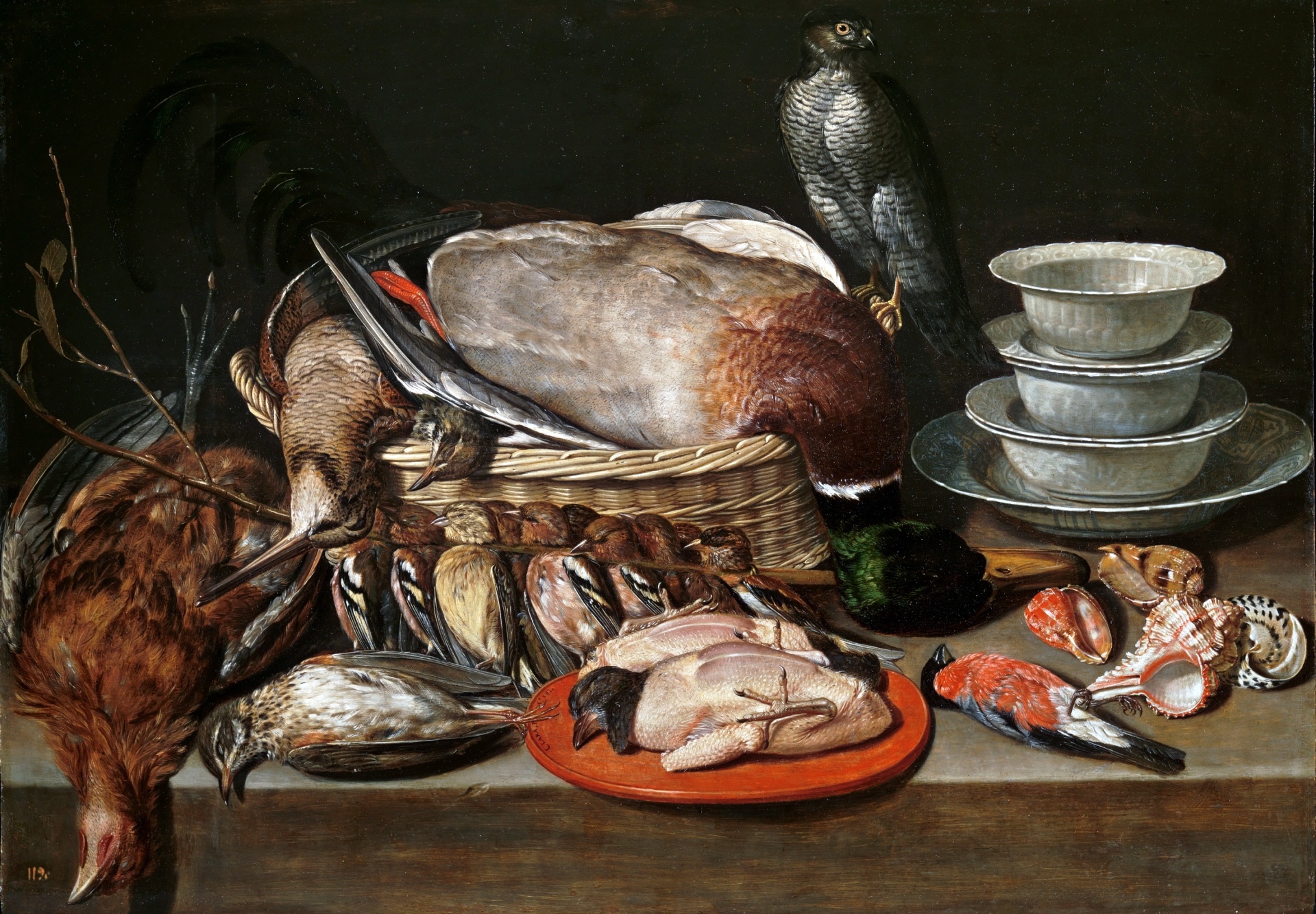 Still Life with Sparrow Hawk, Fowl, Porcelain and Shells, zoomed in