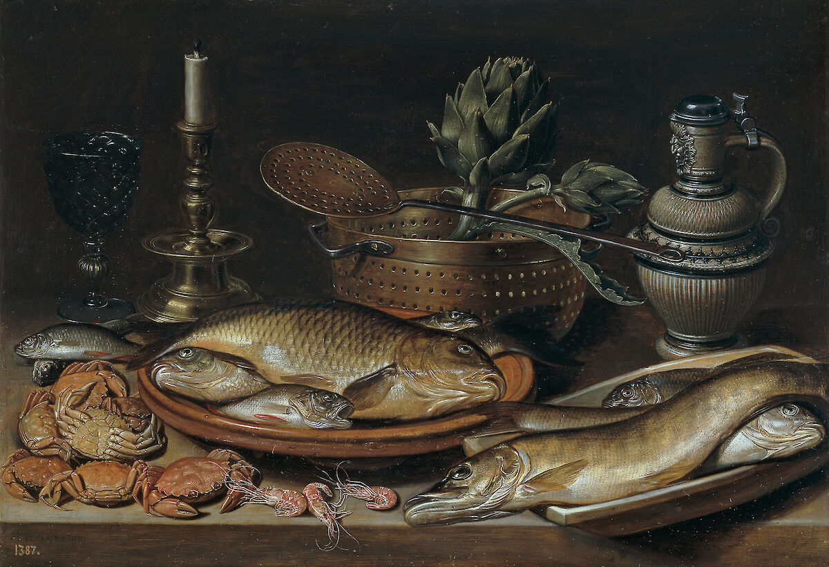 Clara Peeters Still Life with Fish, Candle, Artichokes, Crabs and
