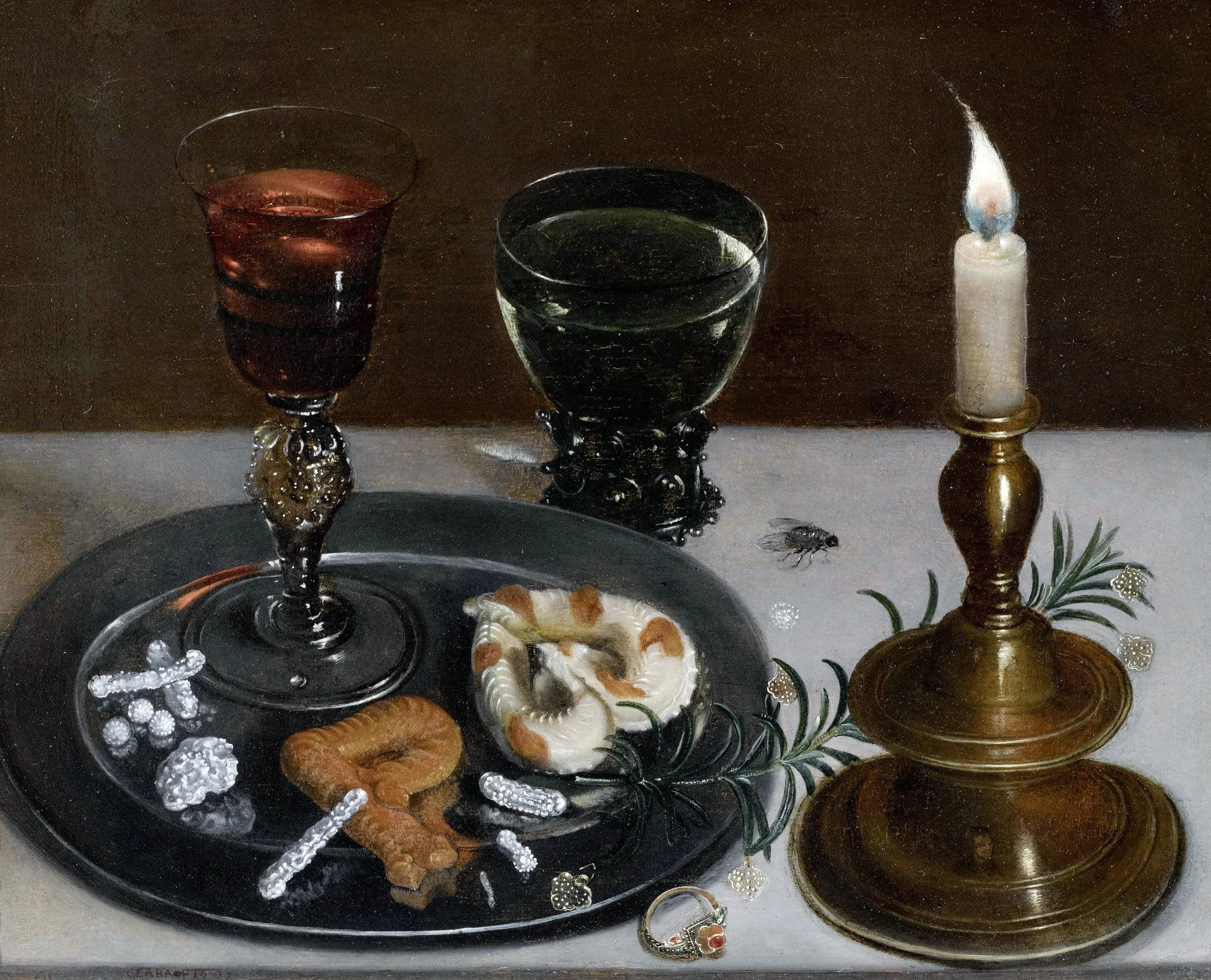 Still life with Venetian glass, Römer wine glass and a candle, Clara Peeters