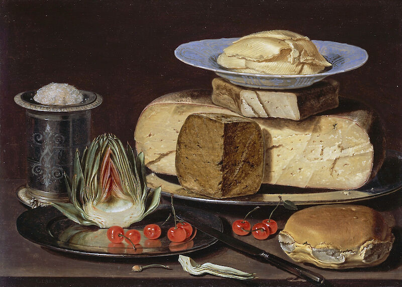 Still Life with Cheeses, Artichoke, and Cherries, Clara Peeters