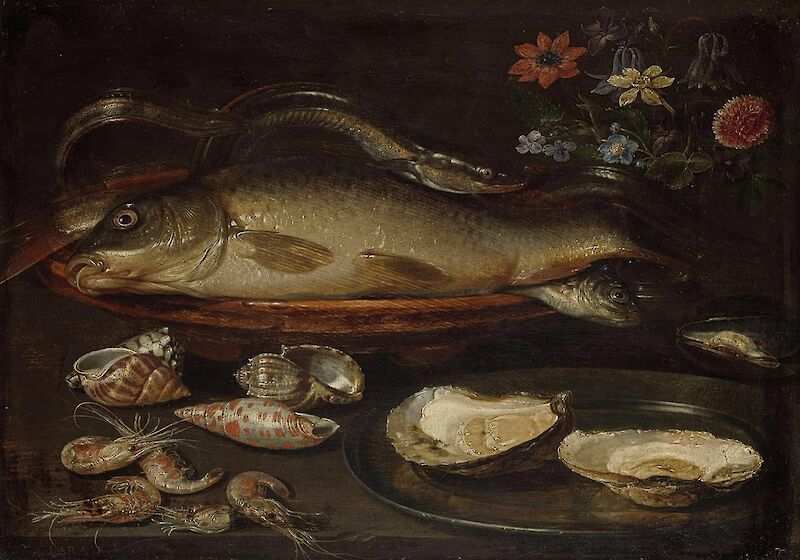 Still life with fish, oysters and shrimps, Clara Peeters