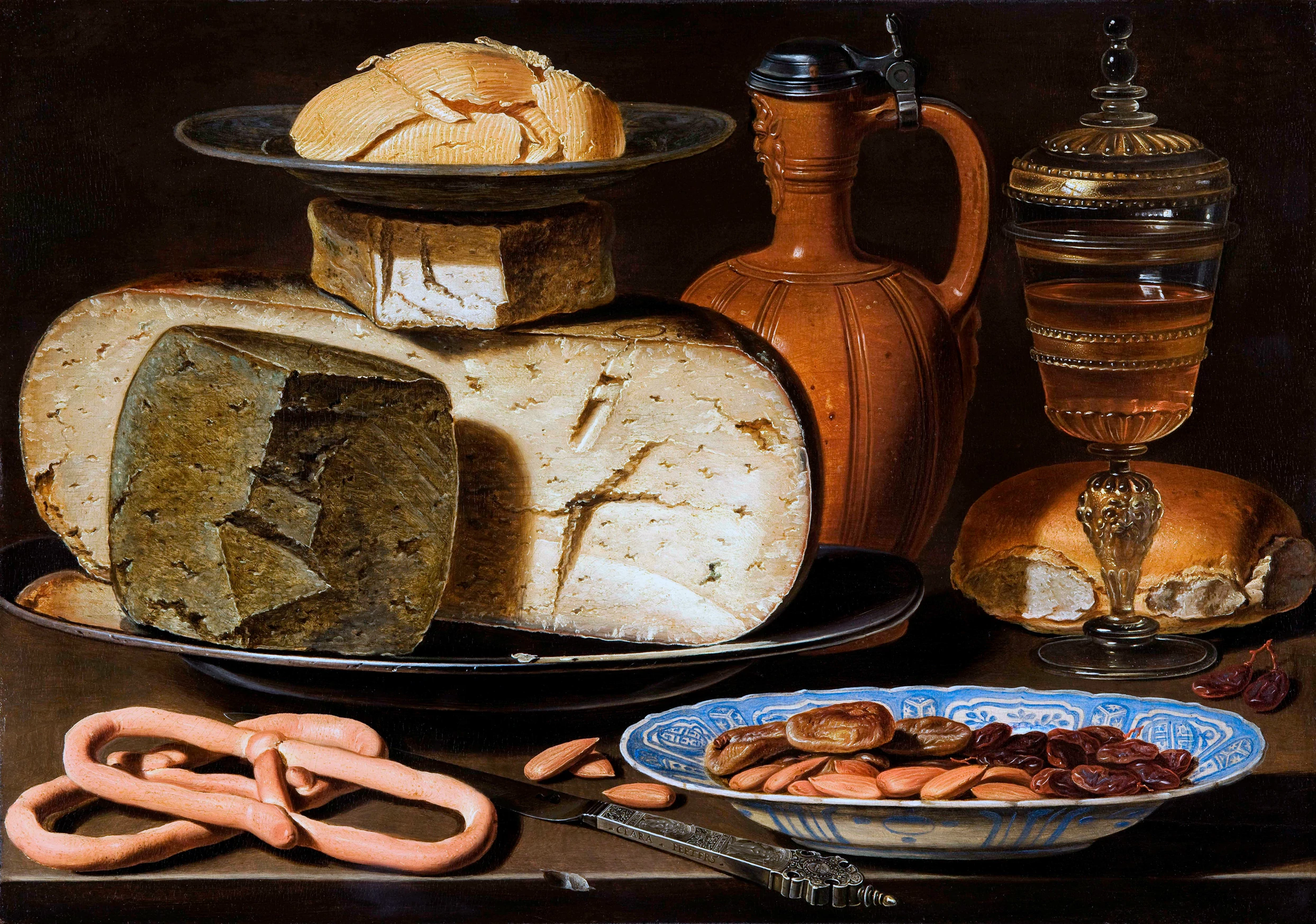 Still Life with Cheeses, Almonds and Pretzels, Clara Peeters