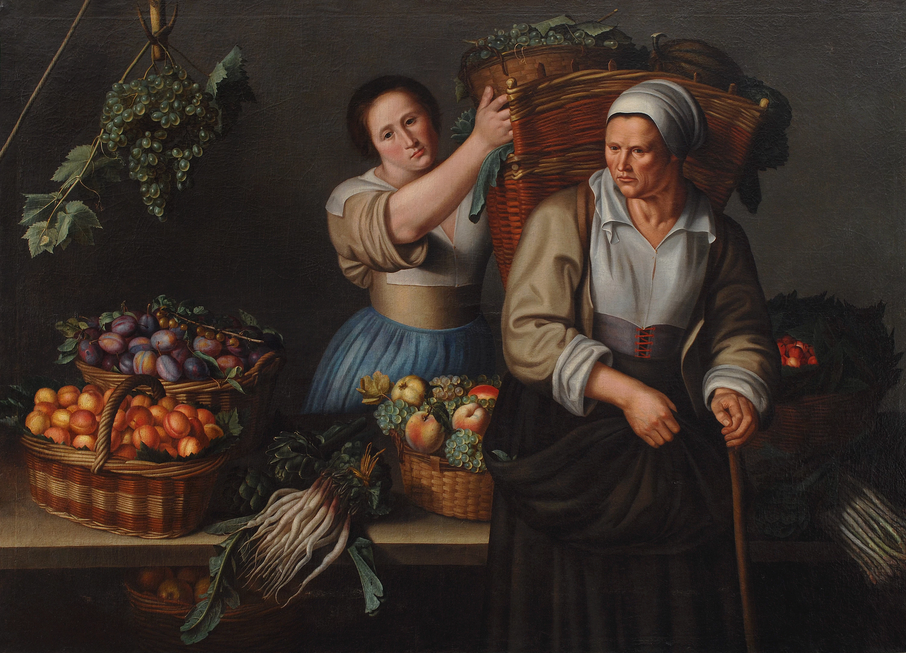 A Market Stall with a Young Woman Giving a Basket of Grapes to an Older Woman, Louise Moillon