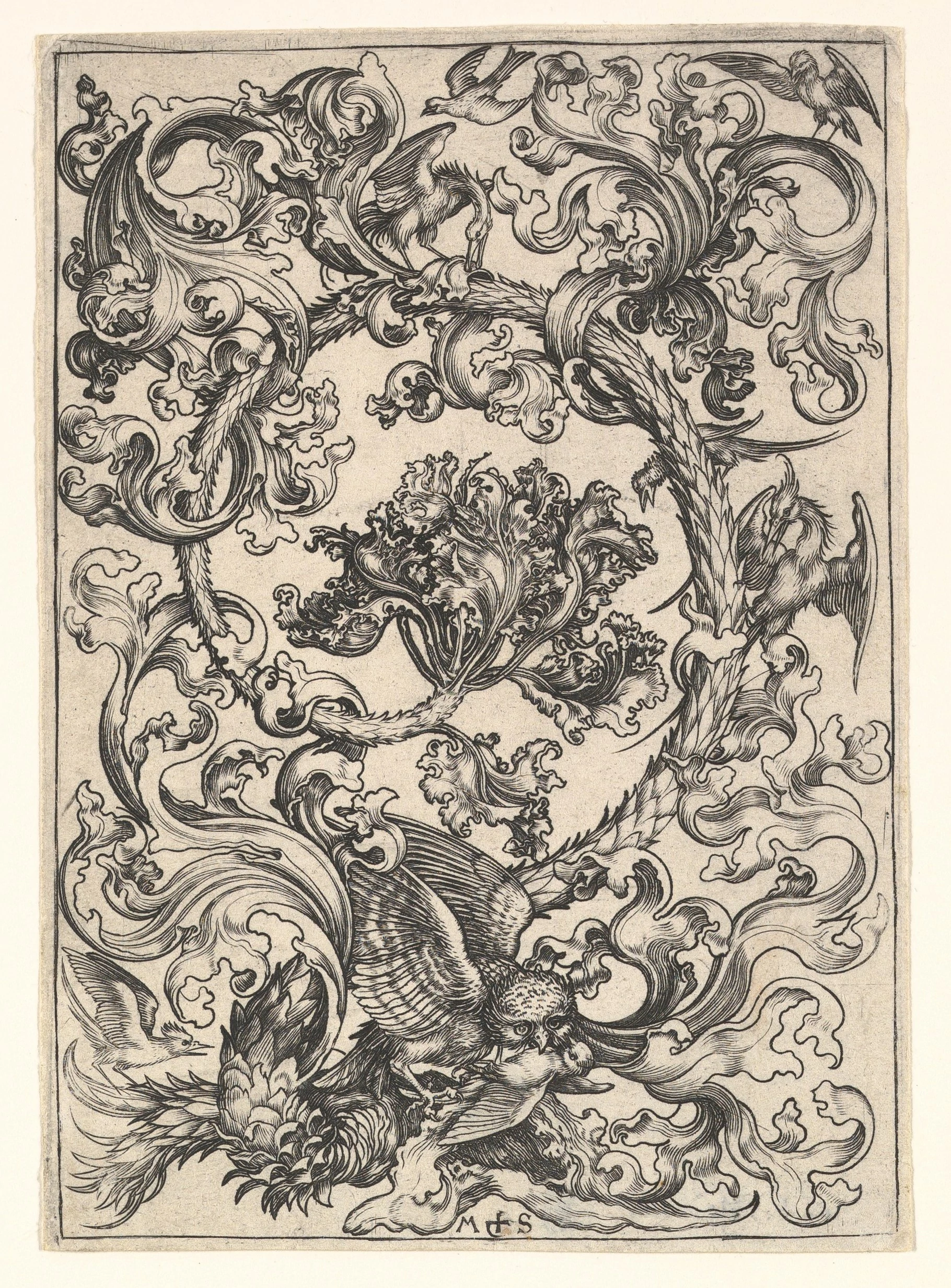 Ornament with Owl Mocked by Day Birds, Martin Schongauer