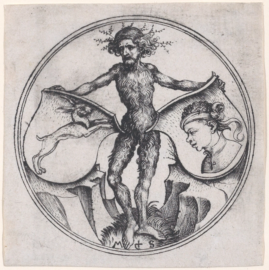 Wild Man Holding a Shield with a Hare and a Shield with a Moor's Head, Martin Schongauer