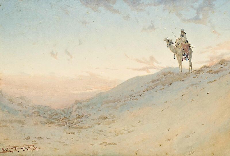 An Arab on a camel surveying the desert at dusk scale comparison