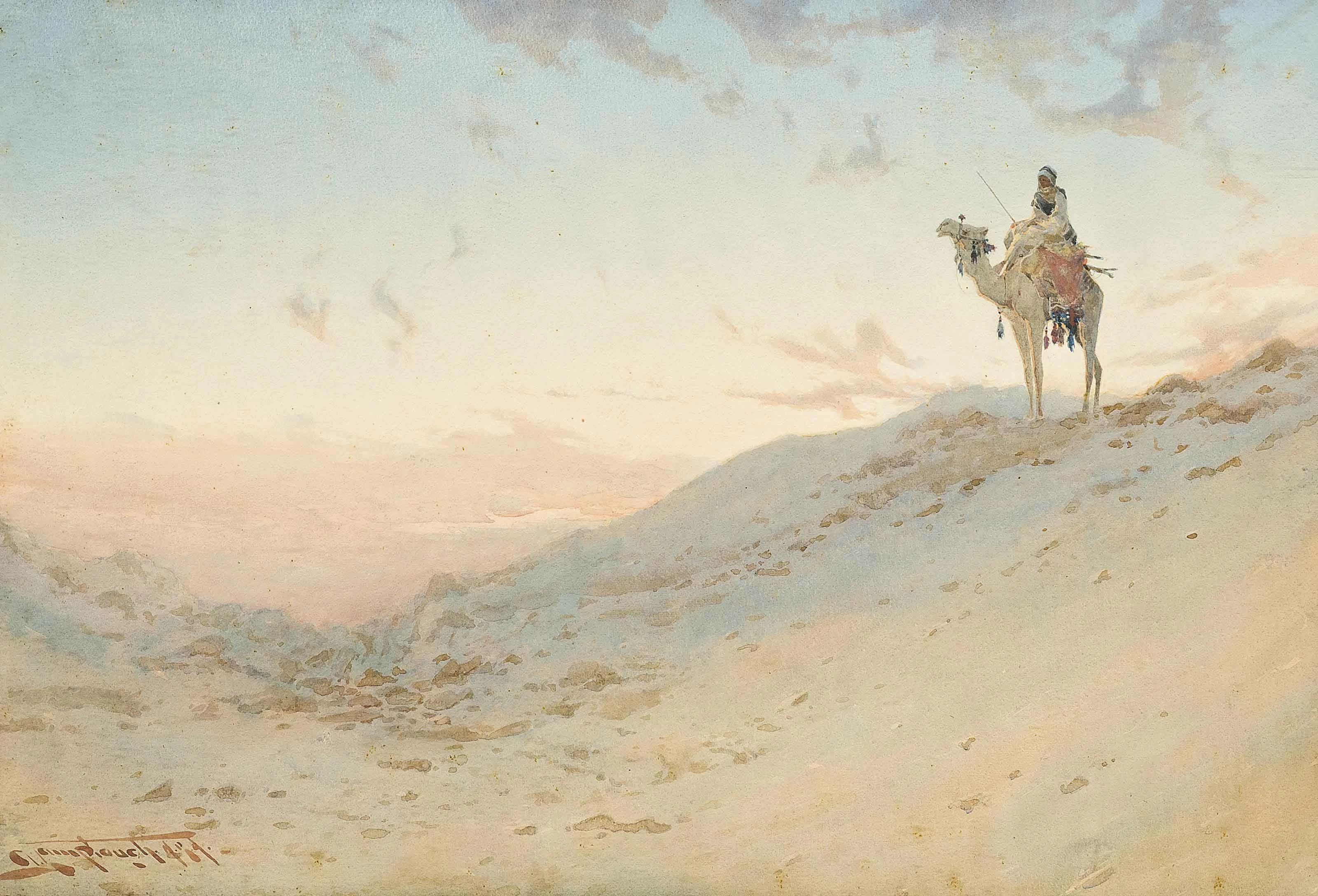 An Arab on a camel surveying the desert at dusk, Augustus Osborne Lamplough