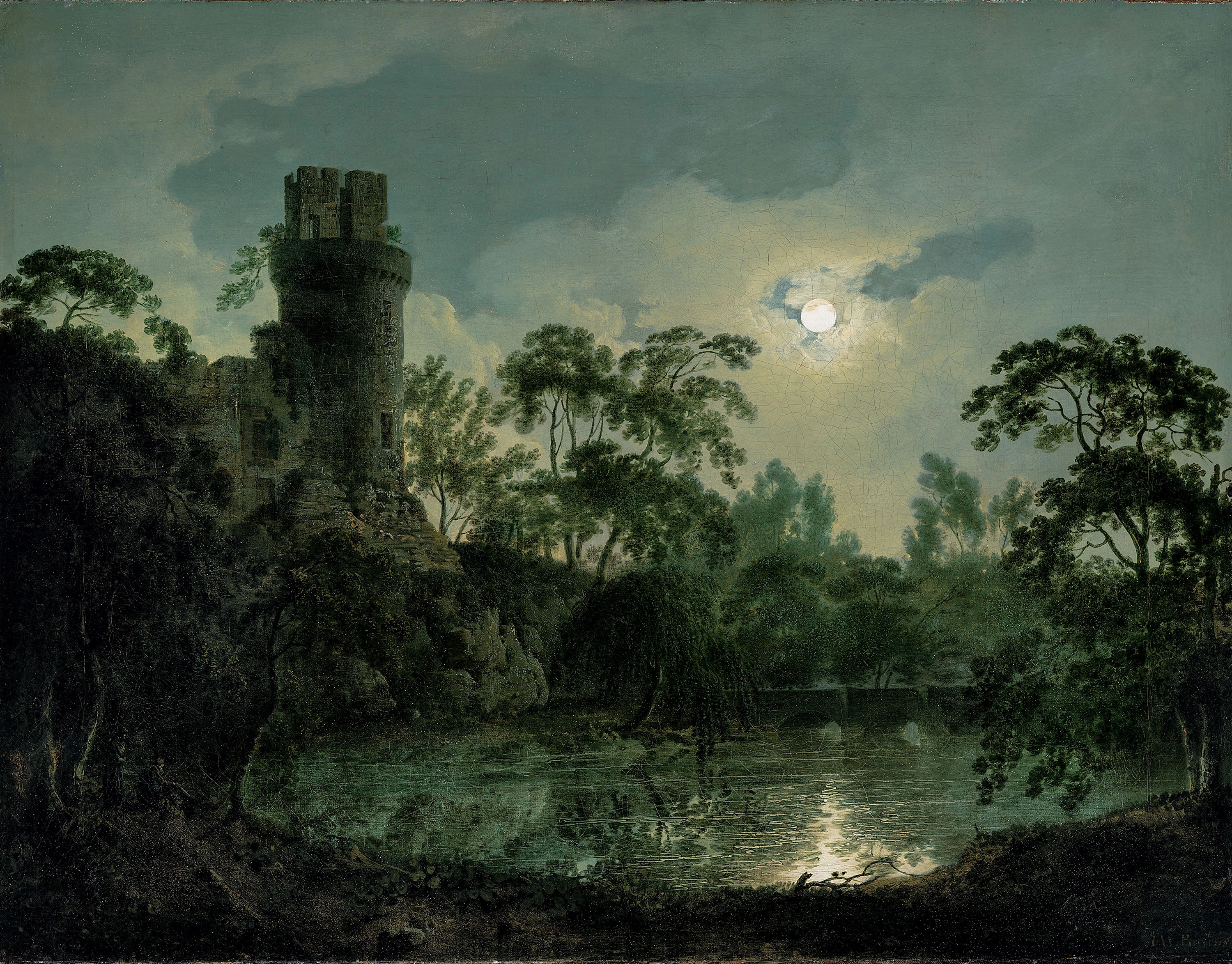 Lake by Moonlight with Castle on Hill, Joseph Wright of Derby