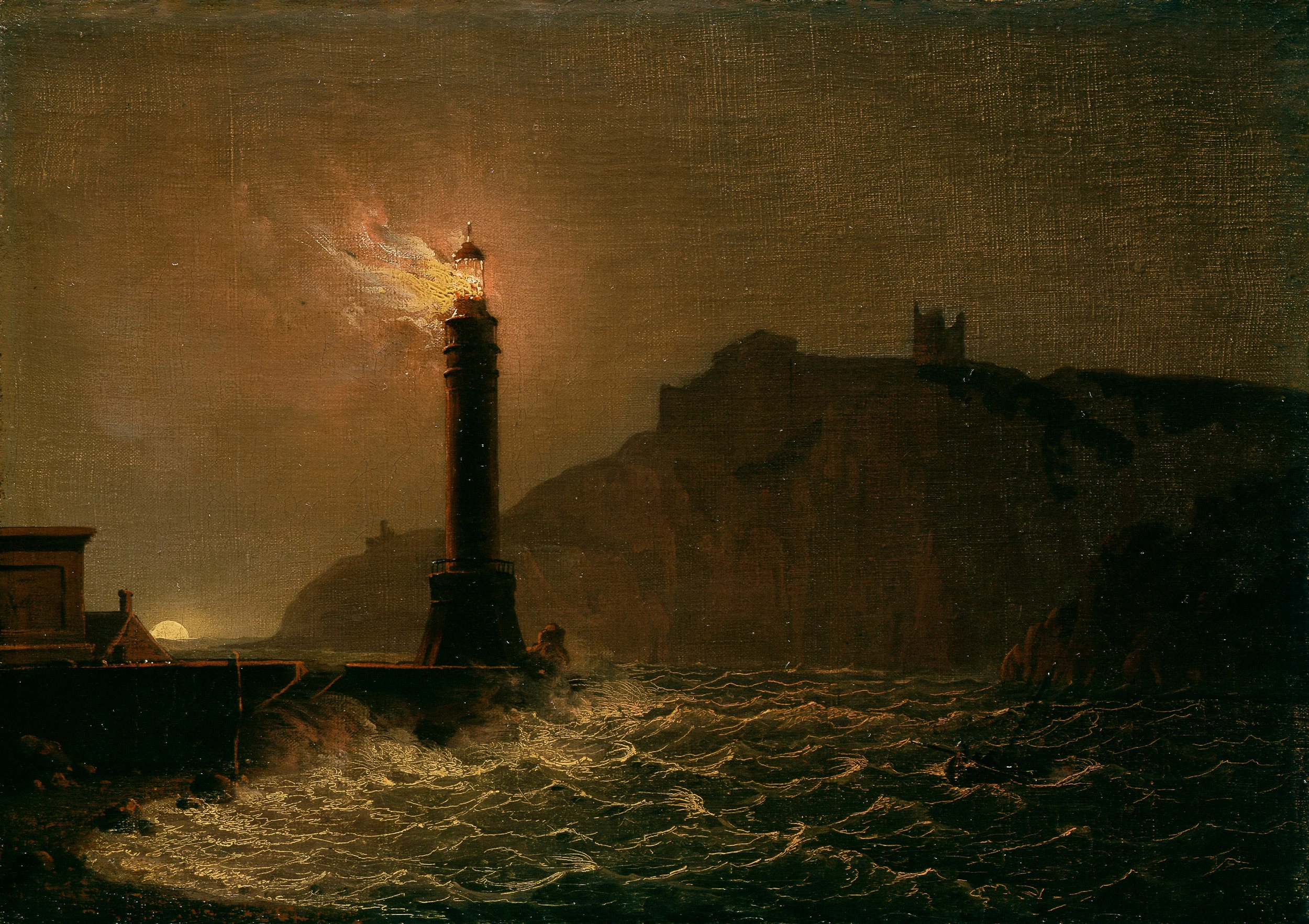 A lighthouse on fire at night, Joseph Wright of Derby