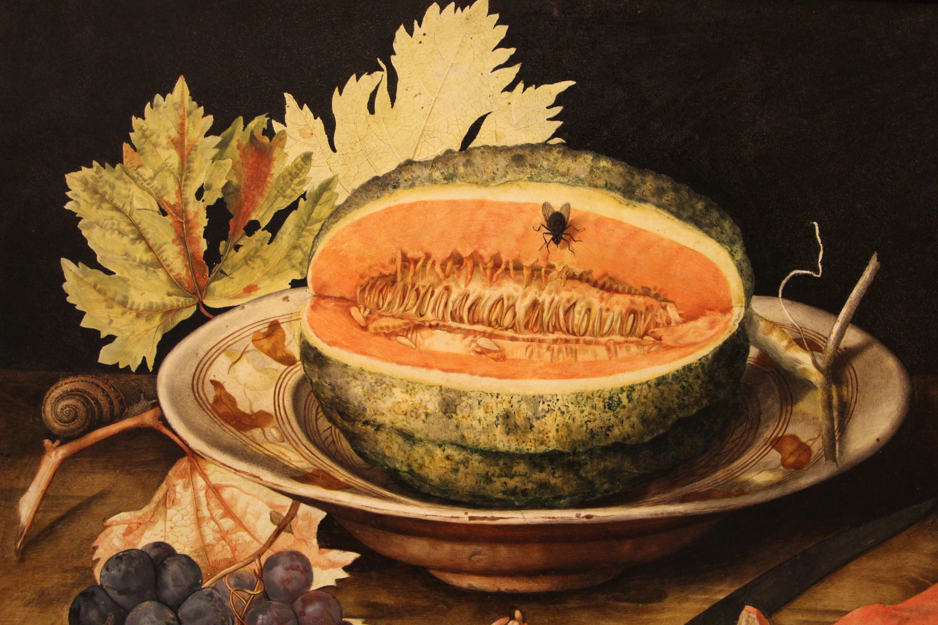 Melon on a Plate with Grapes and a Snail, Giovanna Garzoni