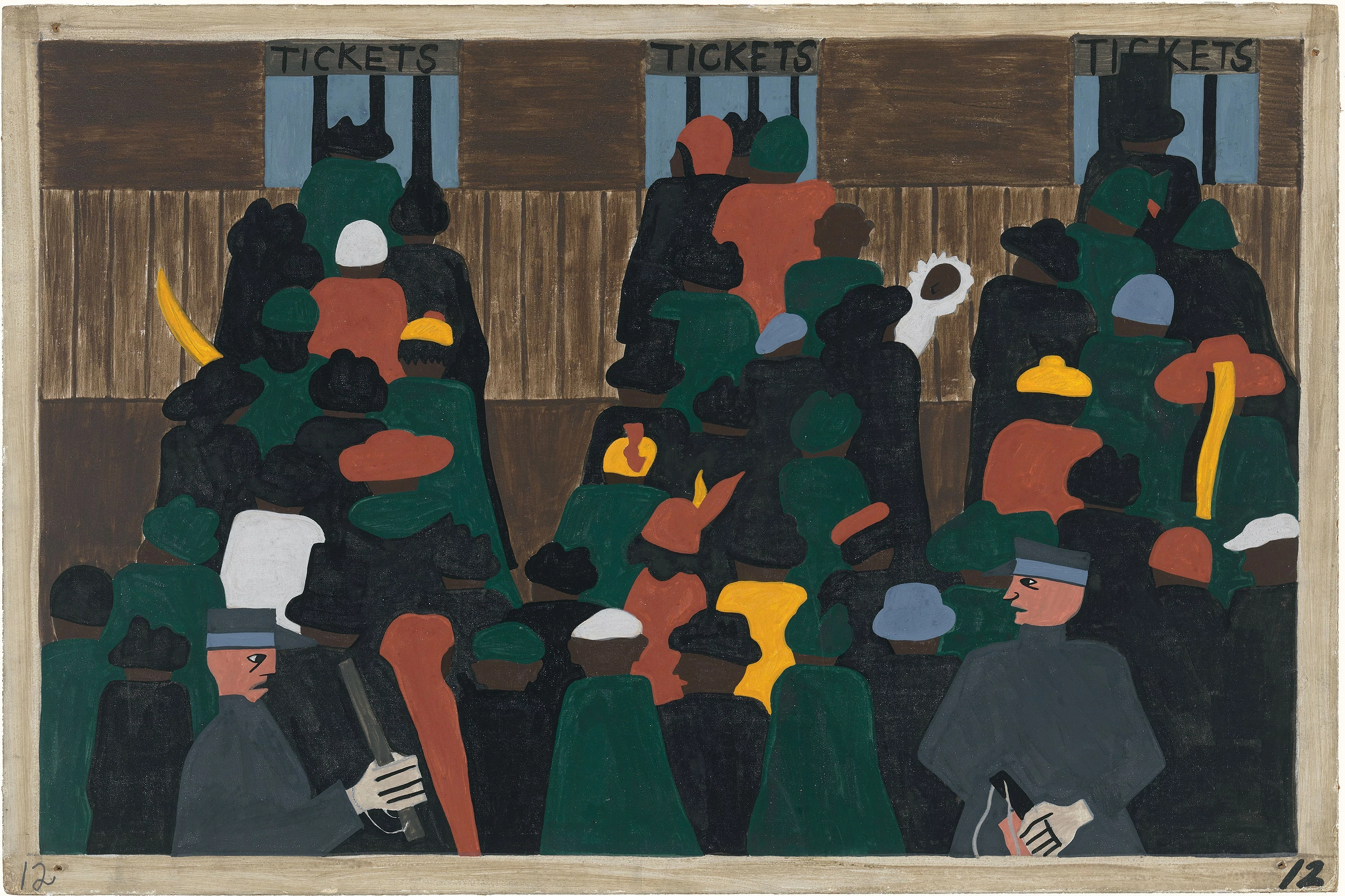 Migration Series No.12: The railroad stations were at times so crowded with people leaving that special guards had to be called to keep order, Jacob Lawrence