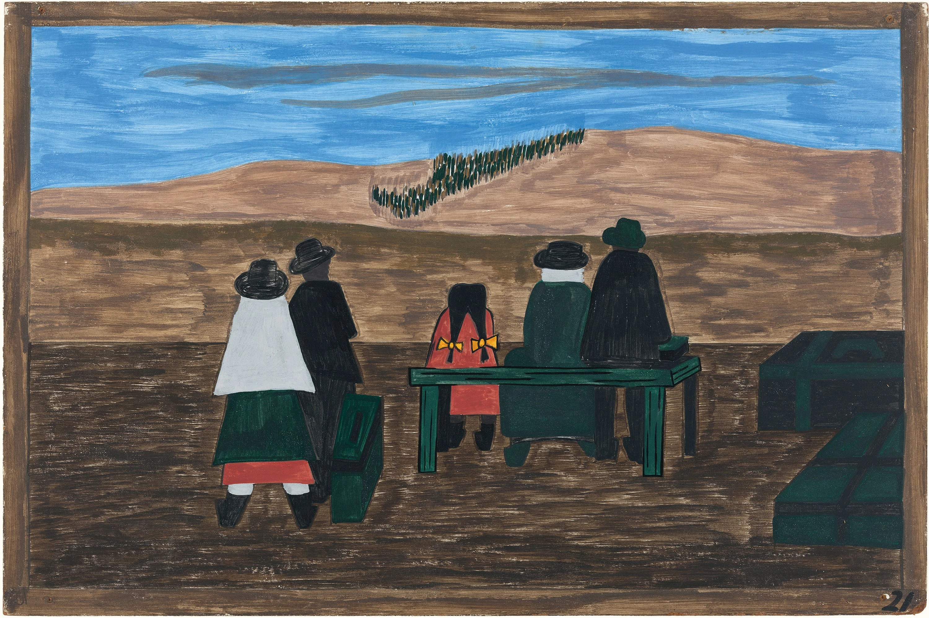 Migration Series No.21: Families arrived at the station very early. They did not wish to miss their trains north, Jacob Lawrence
