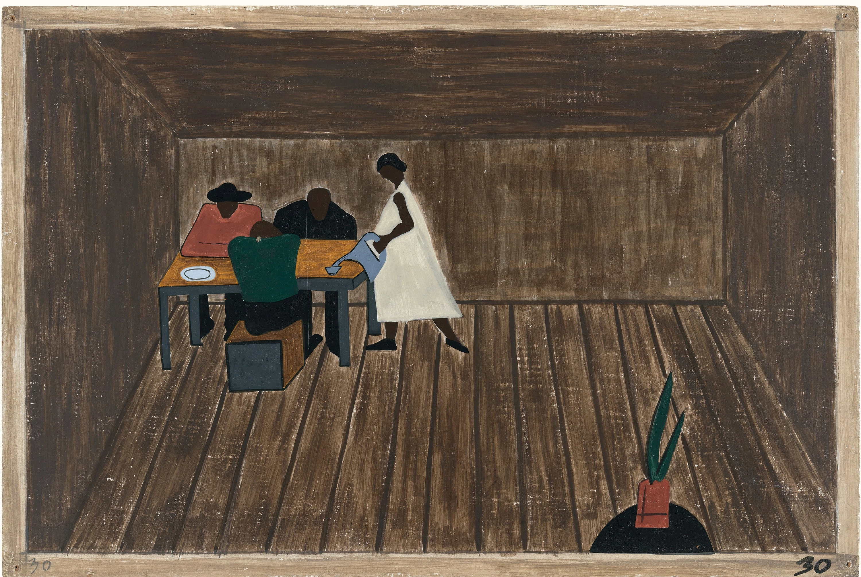 Migration Series No.30: In every southern home people met to decide whether or not to go north, Jacob Lawrence