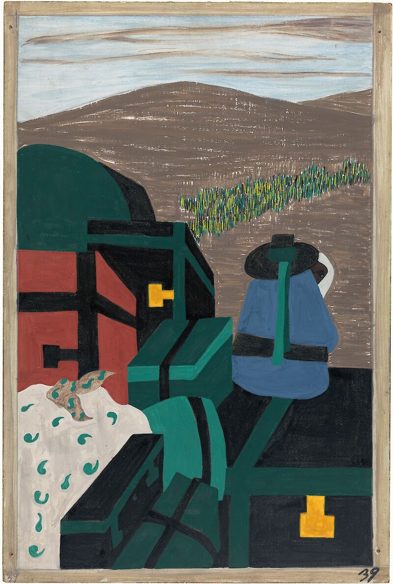 Migration Series No.39: Railroad platforms were piled high with luggage, Jacob Lawrence