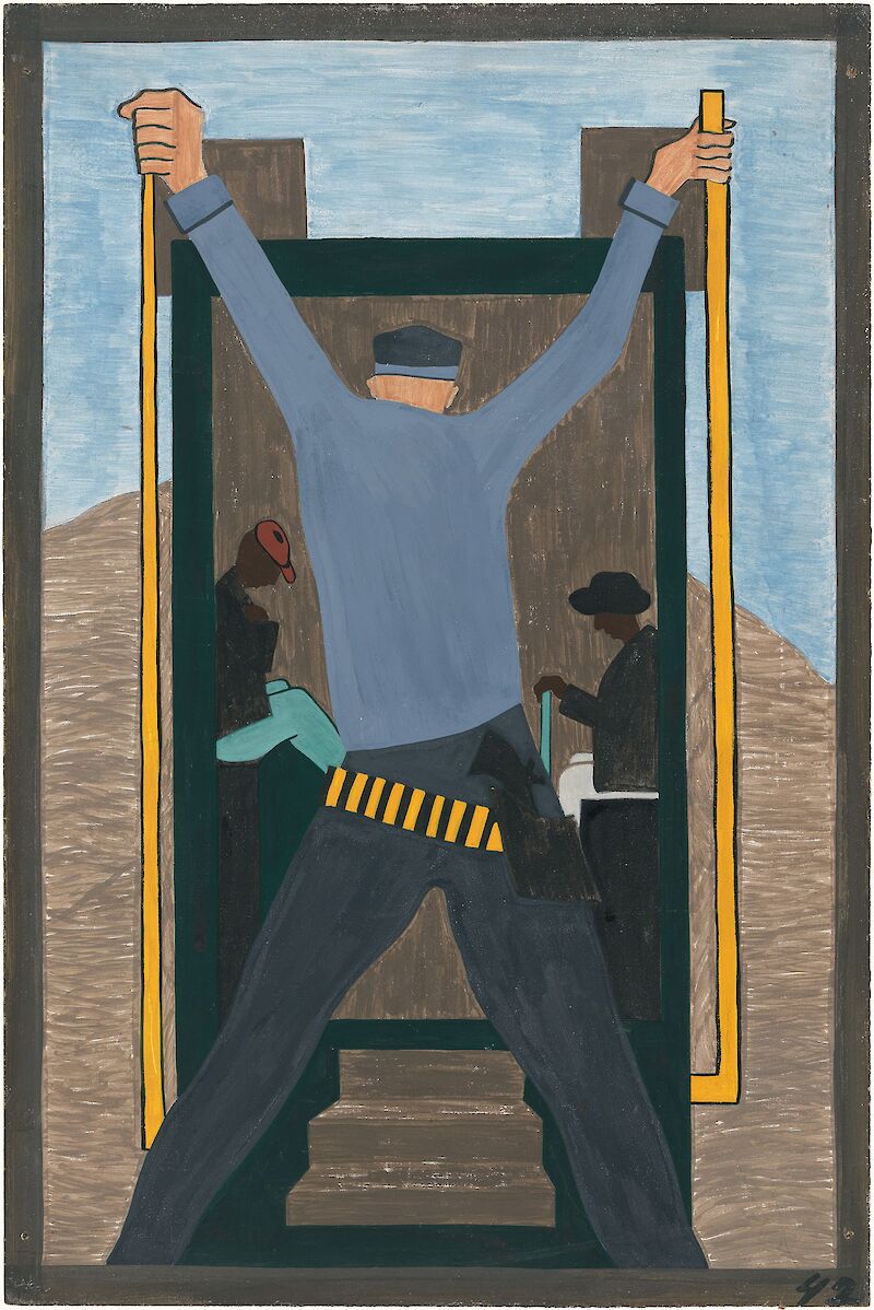 Migration Series No.42: To make it difficult for the migrants to leave, they were arrested en masse. They often missed their trains, Jacob Lawrence