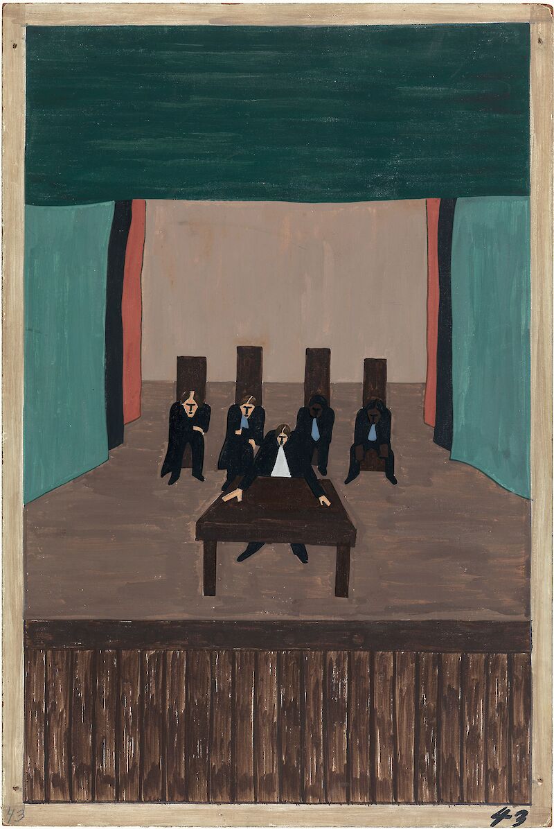 Migration Series No.43:  In a few sections of the South leaders of both Black and White communities met to discuss ways of making the South a good place to live, Jacob Lawrence