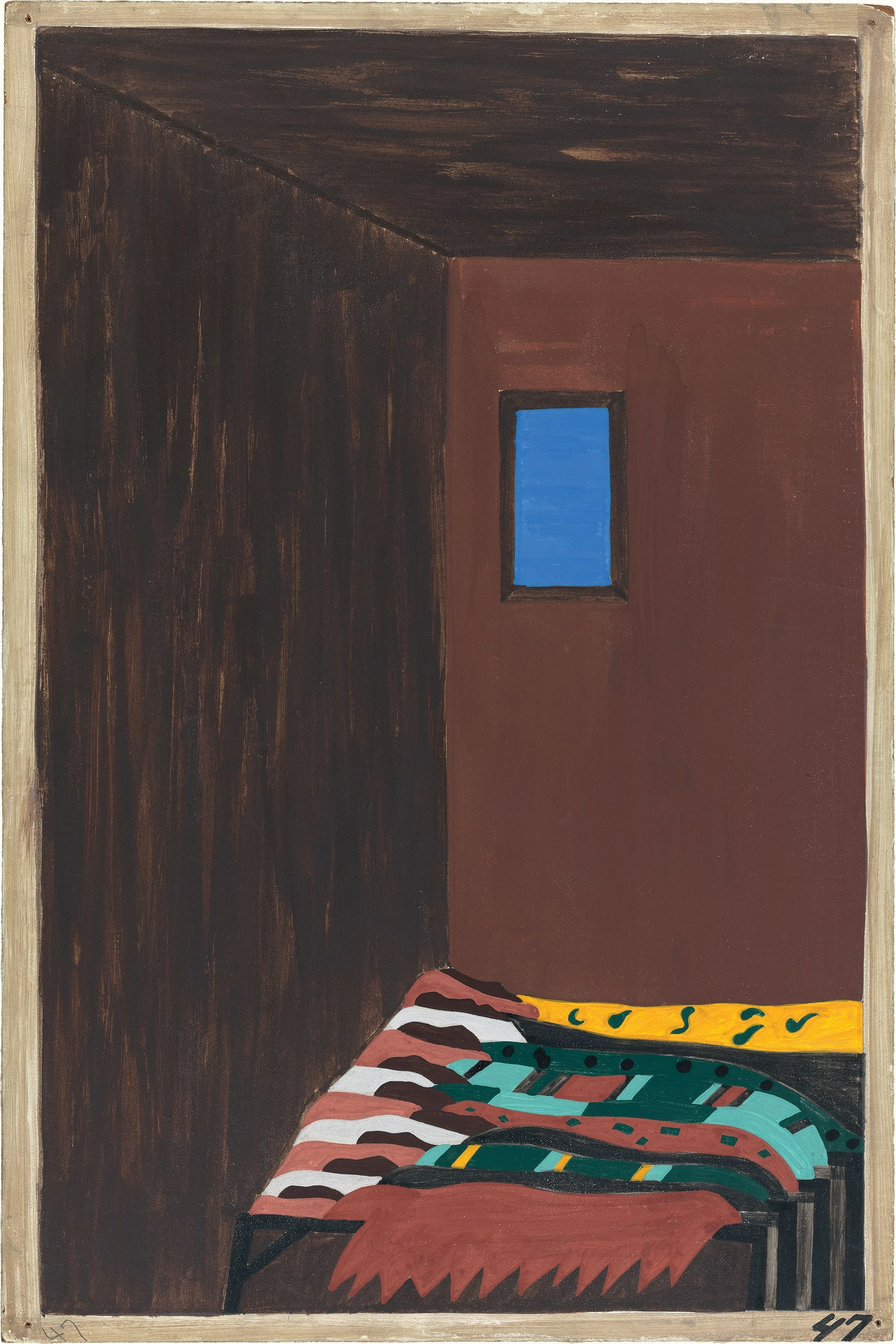 Migration Series No.47: As the migrant population grew, good housing became scarce. Workers were forced to live in overcrowded and dilapidated tenement houses, Jacob Lawrence