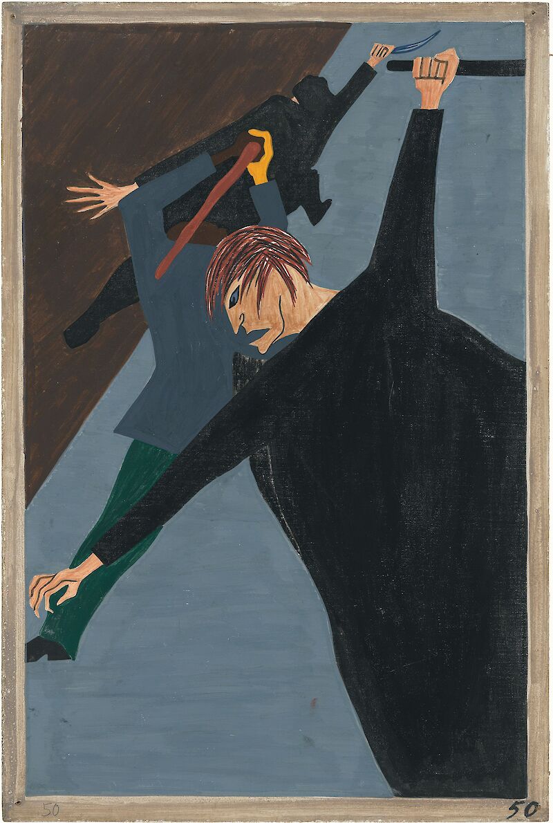 Migration Series No.50: Race riots were numerous. White workers were hostile toward the migrant who had been hired to break strikes, Jacob Lawrence