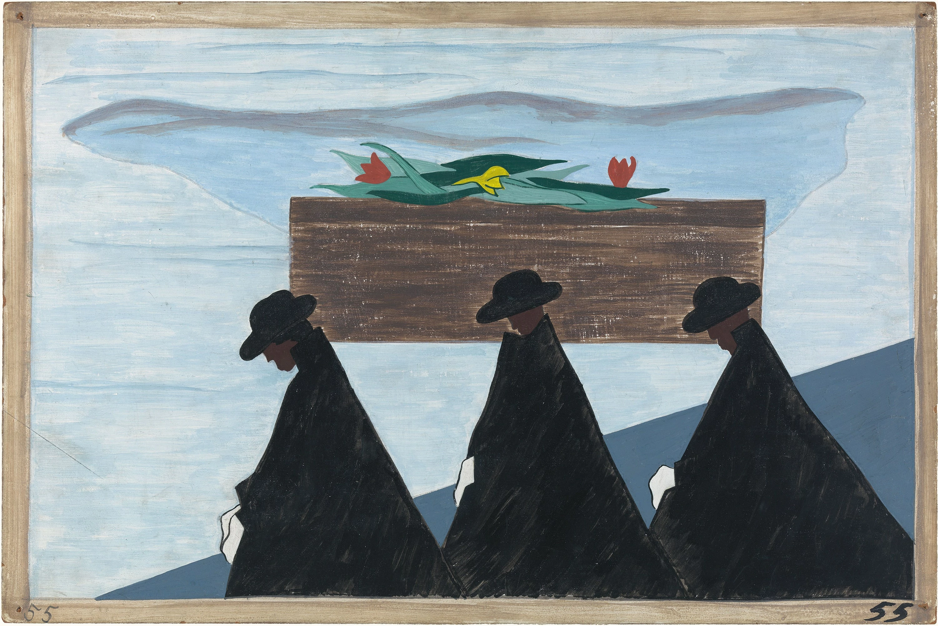 Migration Series No.55: The migrants, having moved suddenly into a crowded and unhealthy environment, soon contracted tuberculosis. The death rate rose, Jacob Lawrence
