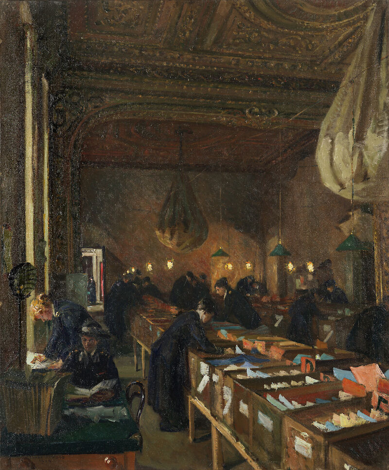 Devonshire House 1918: VAD workers filing papers in the ballroom, Clare Atwood