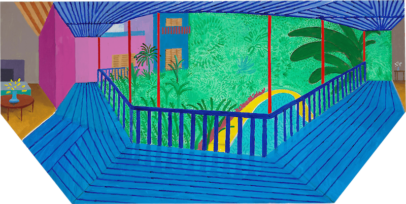 A Bigger Interior With Blue Terrace and Garden, David Hockney