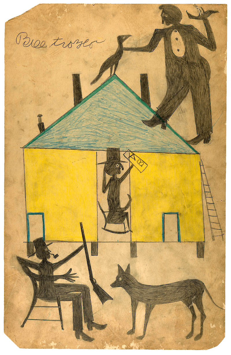 Untitled (Yellow and Blue House with Figures and Dog), Bill Traylor