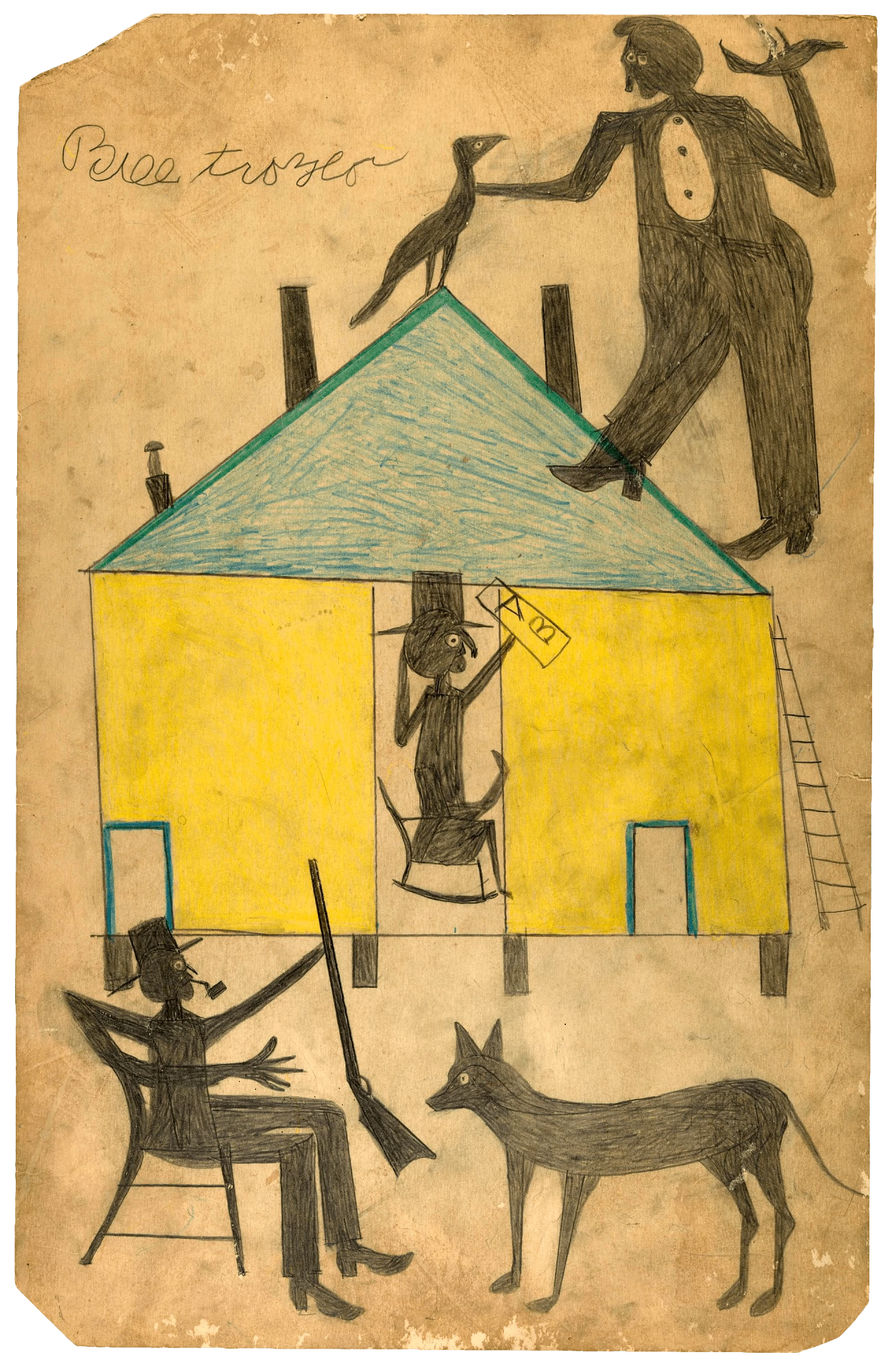 Untitled (Yellow and Blue House with Figures and Dog), Bill Traylor