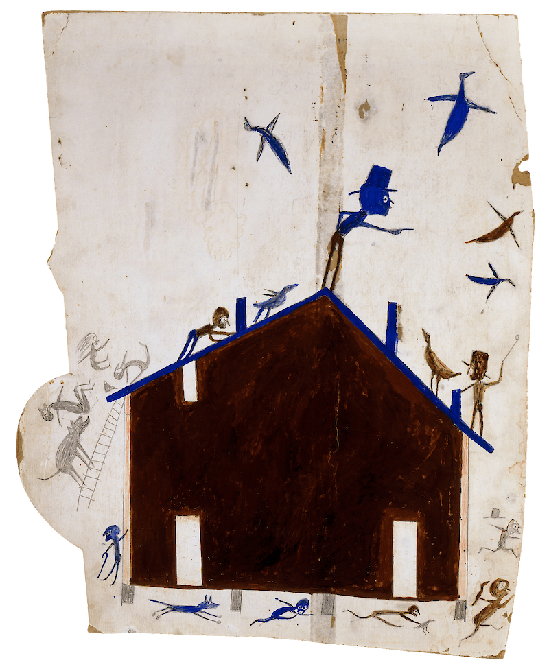 Brown House with Multiple Figures and Birds, Bill Traylor