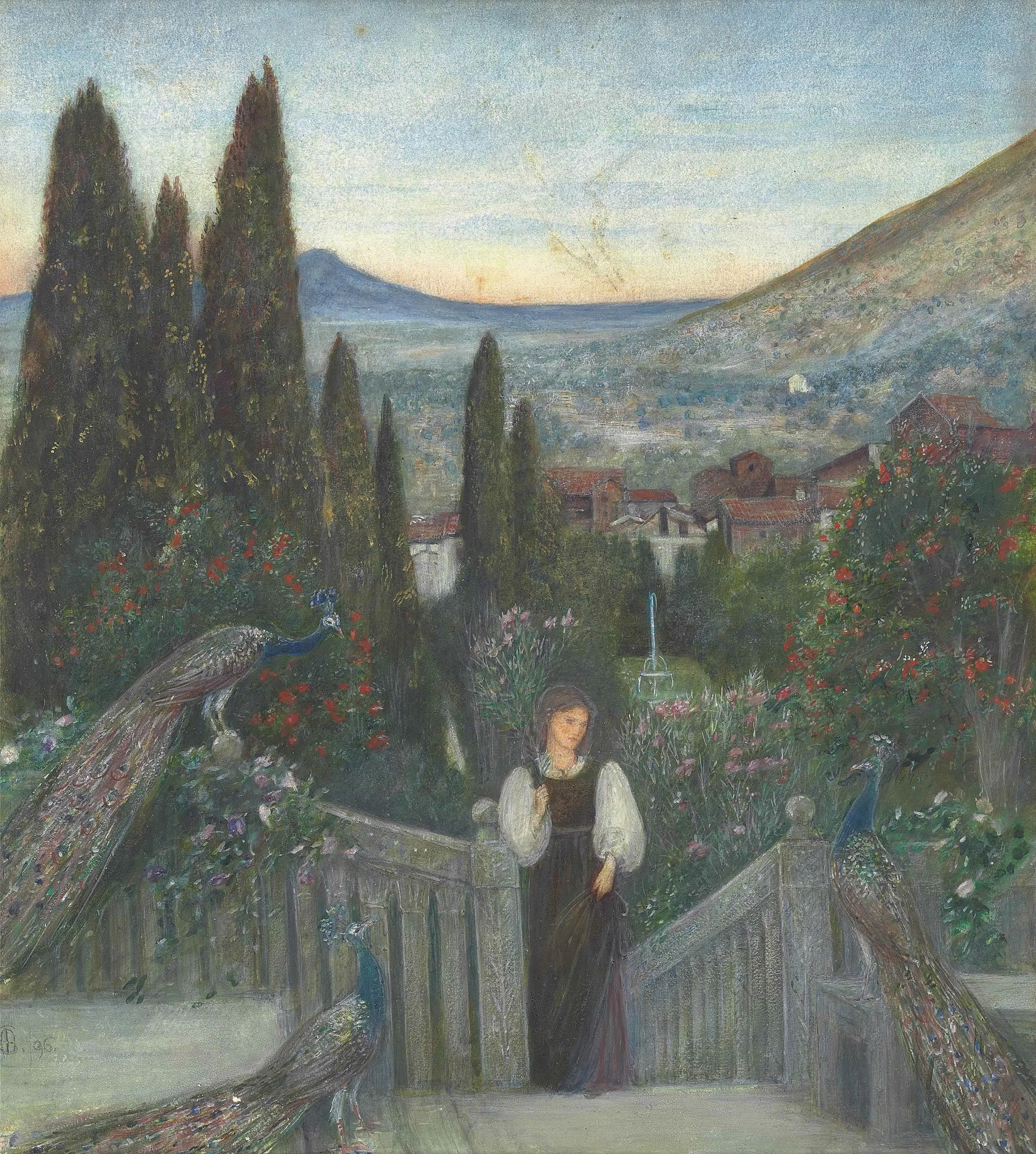 A lady with peacocks in a garden, Marie Spartali Stillman