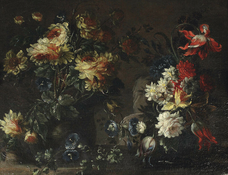 Tulips, roses and other flowers in two vases on a ledge, Margherita Caffi