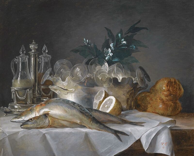 A still life of mackerel, glassware, a loaf of bread and lemons scale comparison