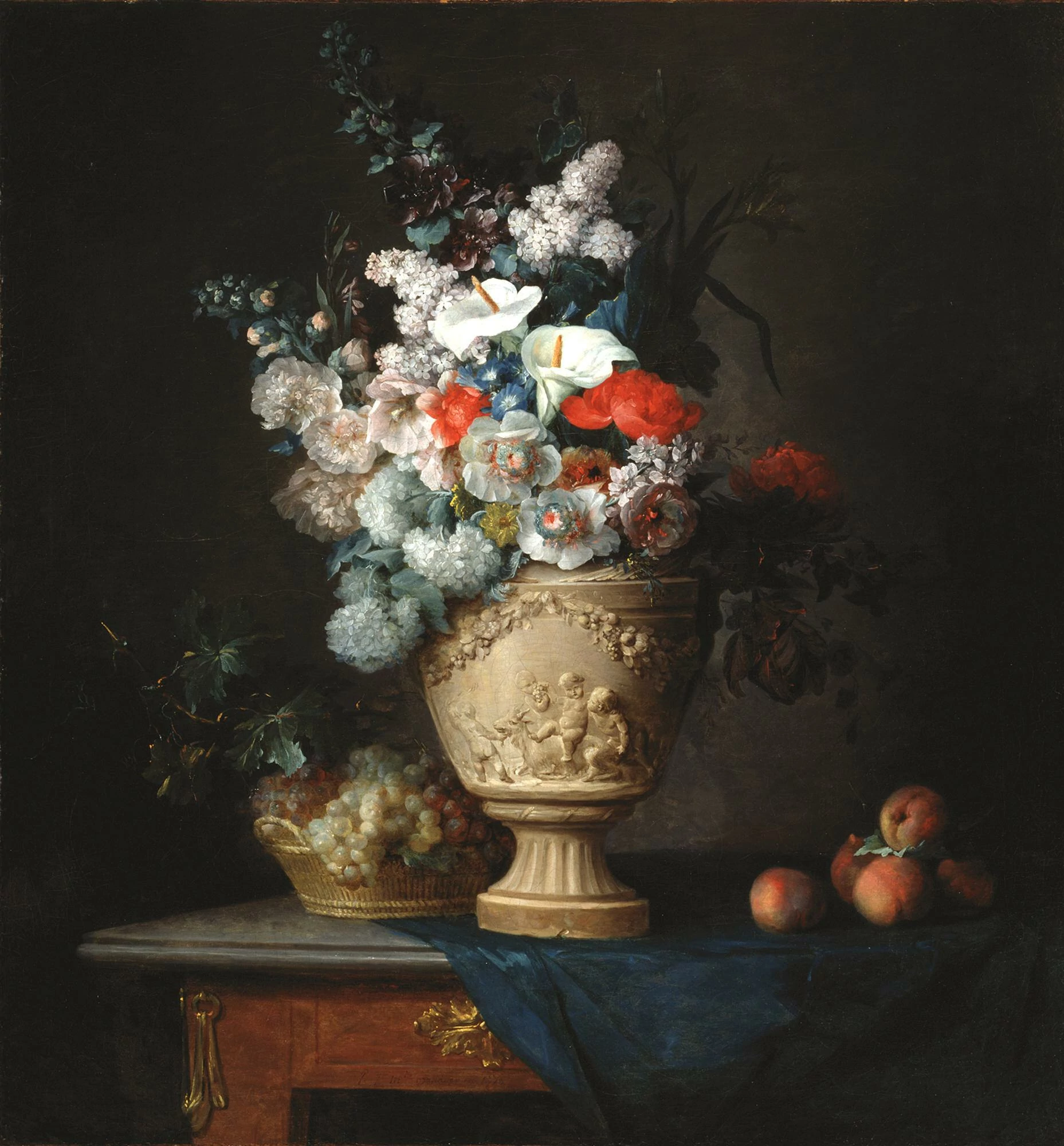 Bouquet of Flowers in a Terracotta Vase with Peaches and Grapes, Anne Vallayer-Coster