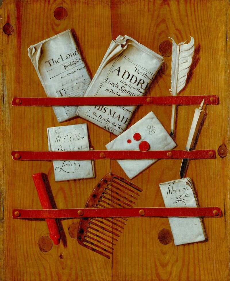 Newspapers, Letters and Writing Implements on a Wooden Board scale comparison